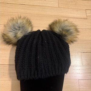 Primark Black Knit Kids Hat with Faux Fur Pom Poms